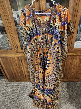 Vibrant Orange & Blue Printed Kaftan